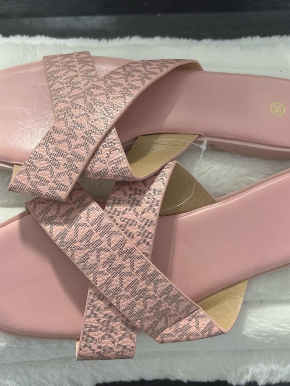 Pink Cross-Strap Slide Sandals with Subtle Logo Pattern